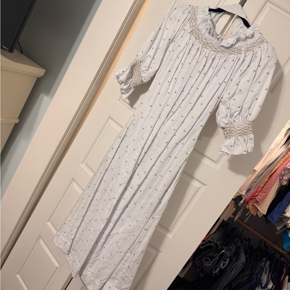 Dondolo x Pencil Paper co white puff sleeve dress with gold hearts M - Picture 2 of 6
